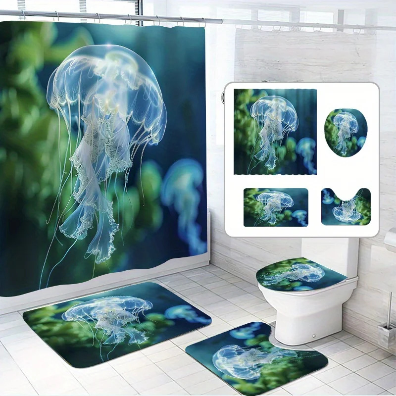 

4pcs, Ocean Jellyfish Shower Curtain Set, Featuring Cute Transparent Jellyfish from The Sea, Includes 12 Hooks, Waterproof