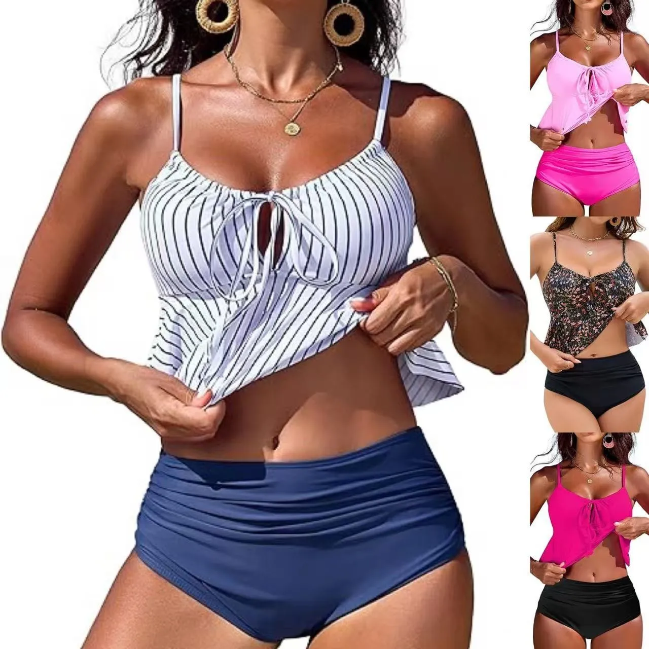 

Woman 2026 Outfits Woman High Waist Bottom Crop Top Bikinis Floral Print Striped Swimsuit Two Piece Beachwear With Shorts