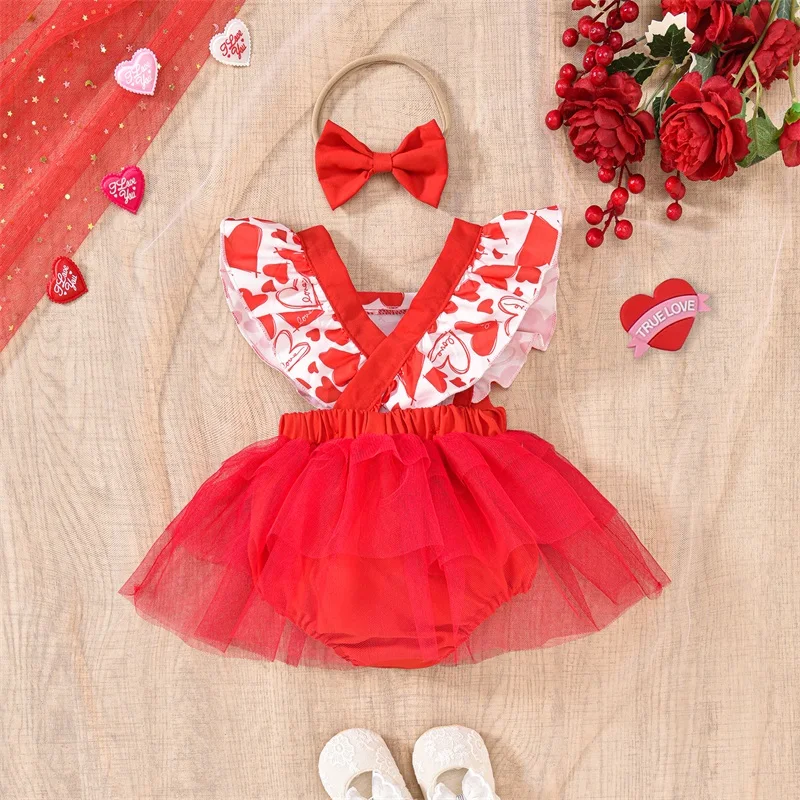 Baby Girl Valentine’s Day Outfits Ruffle Sleeveless Heart Print Romper Dress with Headband Set Spring Clothes