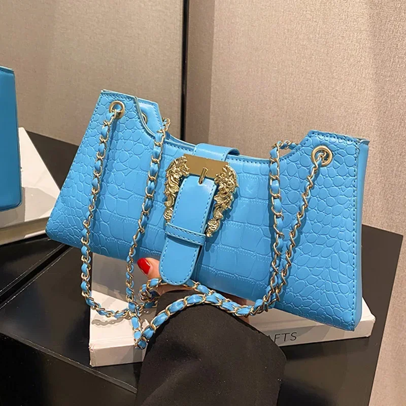 New Fashion Women\'s Crocodile Pattern Chain Shoulder Bags Handbags 2023 Luxury Chic Underarm Bags Clutch Blue Green Armpit Bags