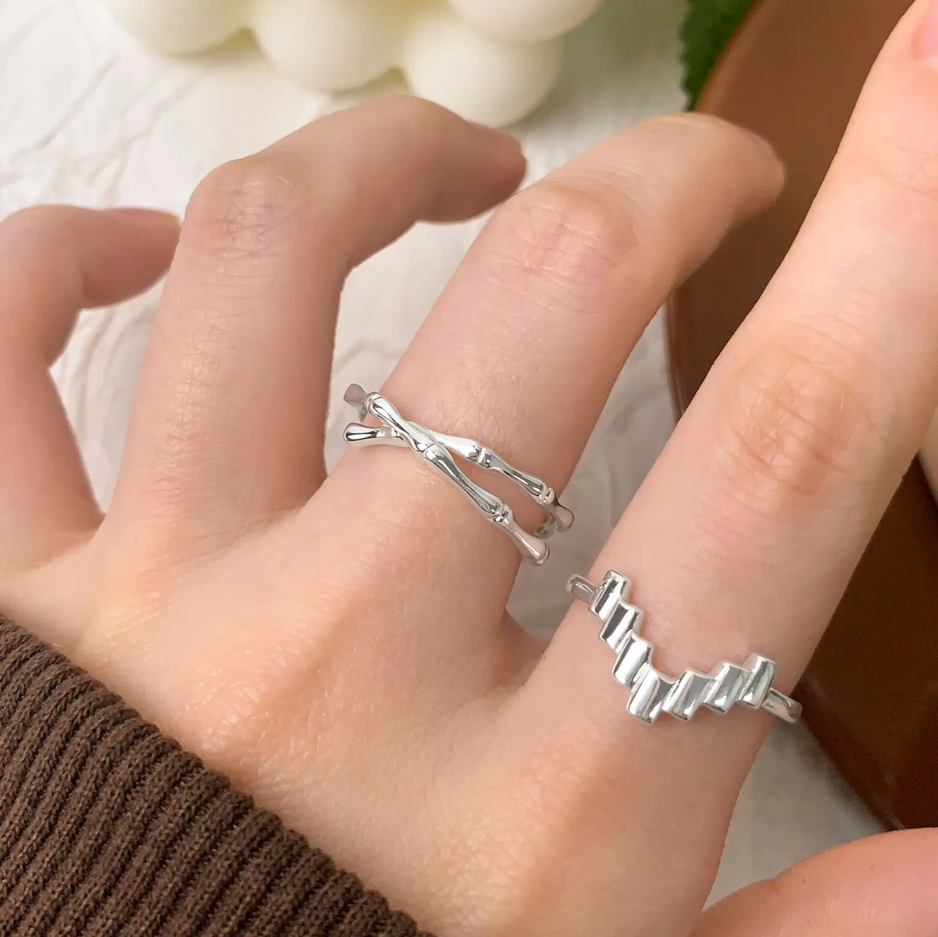 F.I.N.S التصميم الأصلي S925 فضة خياطة مربع على شكل حرف V حلقة الحد الأدنى قابل للتعديل هندسية فنجر غرامة مجوهرات