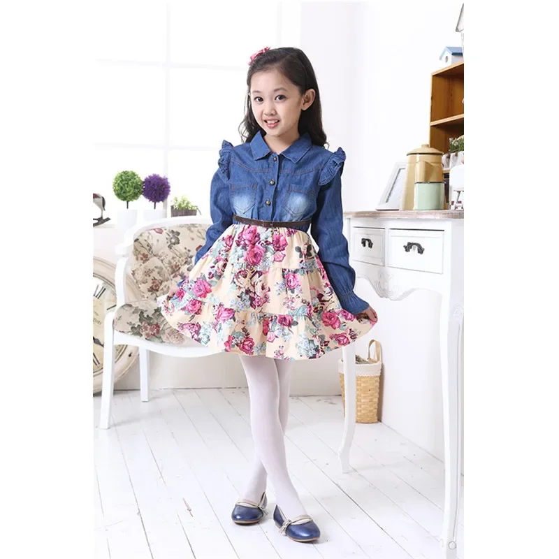 Girls Baby Dress Floral Denim Vestido Children's Clothing Summer Beach Clothes Autumn Long-Sleeved Kids Costume 18M-10Y