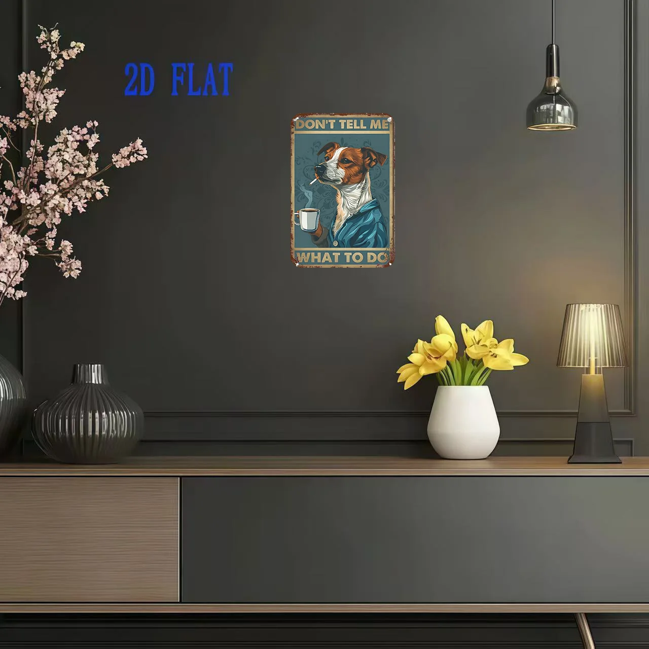 2D Flat - 1pc of Vintage Metal Sign Featuring a Dog Enjoying Coffee, Measuring 20.32X30.48 Cm. This Iron Wall Art