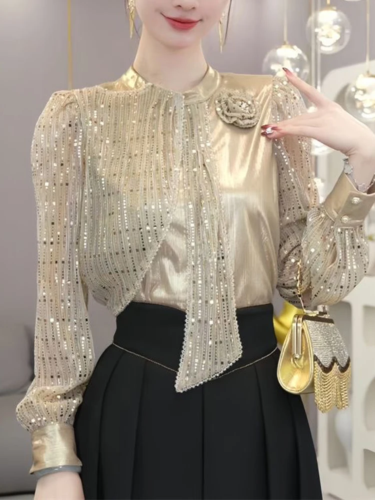 

Long Sleeve Blouse 2025 New Summer Woman Clothing Sequins Blusas Para Mujer Top Casual Slim Blouses For Women
