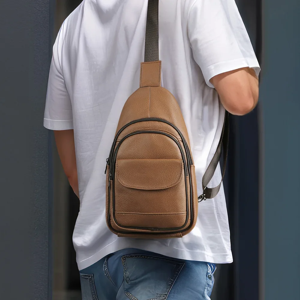 Bolso de pecho de cuero genuino de gran capacidad para hombres, bolso de hombro cruzado con bolsillos multifuncionales, piel de vaca de grano superior