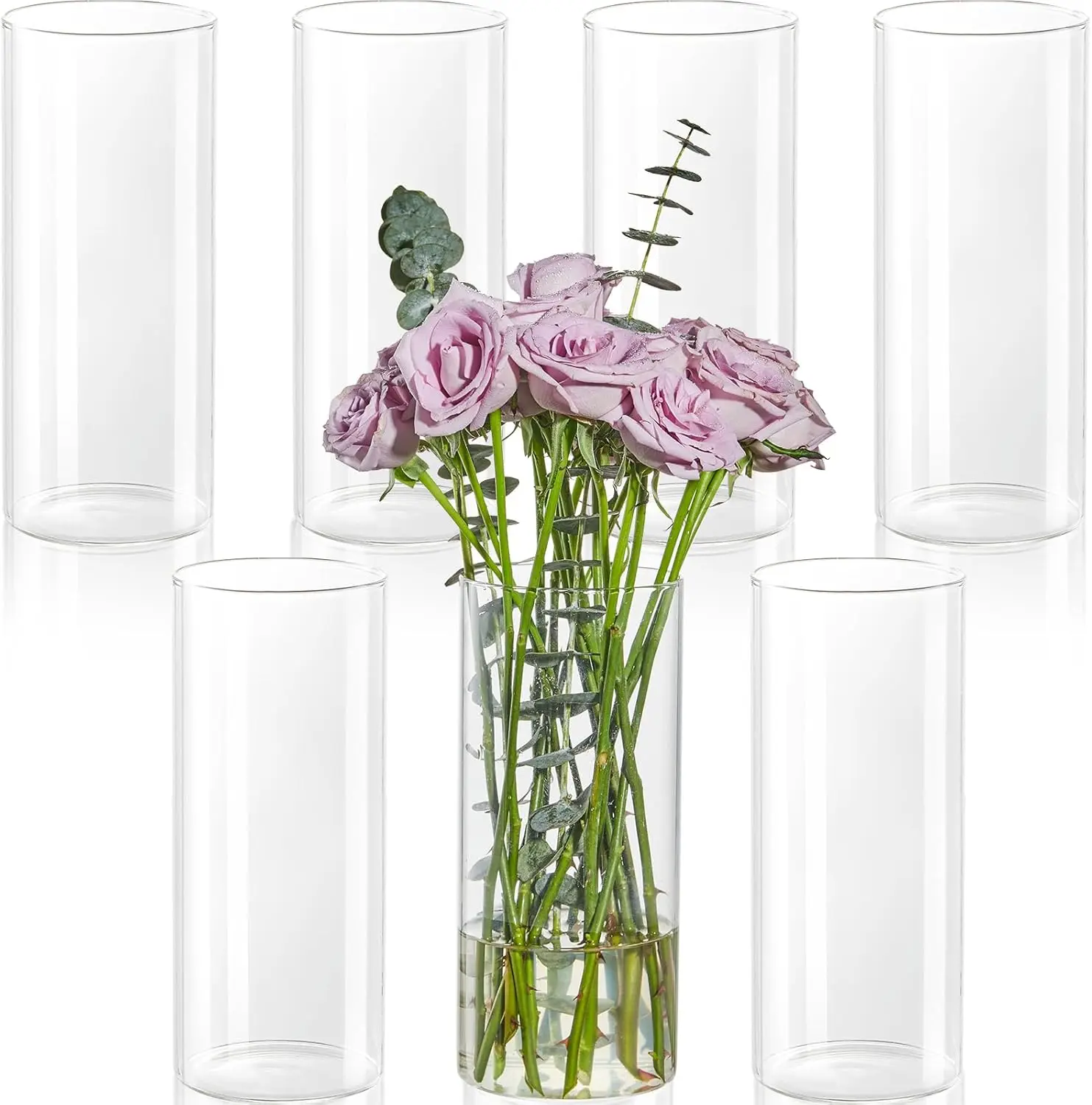 

7pcs Glass Cylinder Vases 8" Tall for Flowers, Candles, Centerpieces