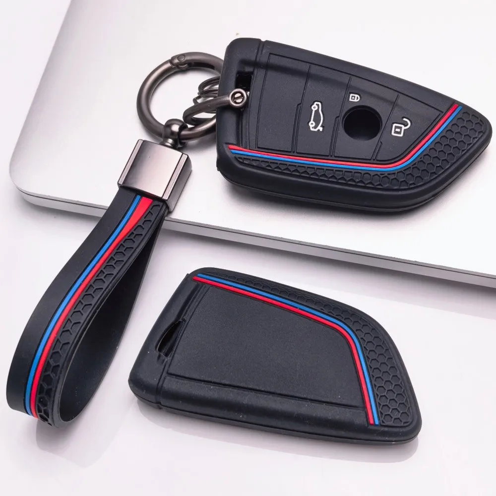 Silicone Car Key Fob Cover with Matching Keychain Compatible with BMW Series 1 2, Fits BMW Series X1 X2 X3 X4 X5 X6 X7 Keys This