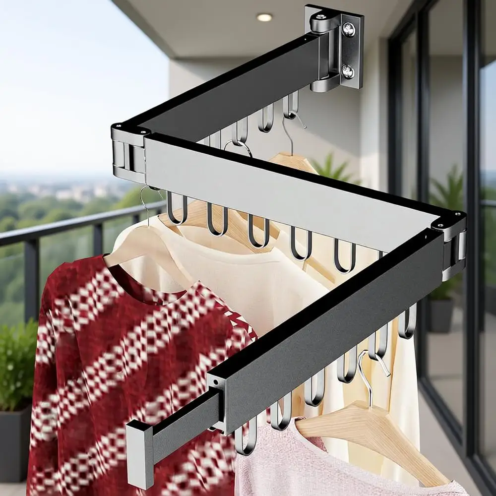 

Компактная складная настенная сушилка для белья с 18 крючками, подходит для использования в помещении и на улице, черная