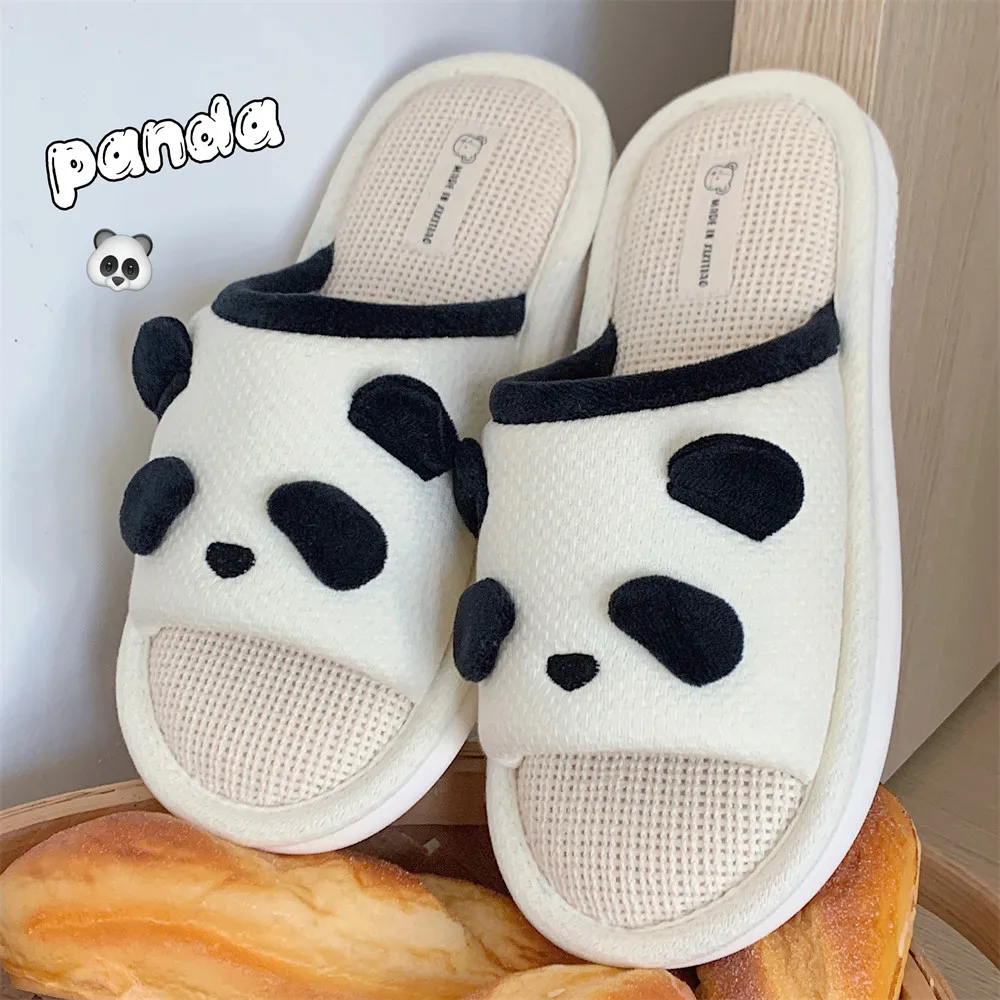 Zapatillas de lino antideslizantes para mujer, pantuflas cómodas y suaves con dibujos de Panda, para las cuatro estaciones, 2024