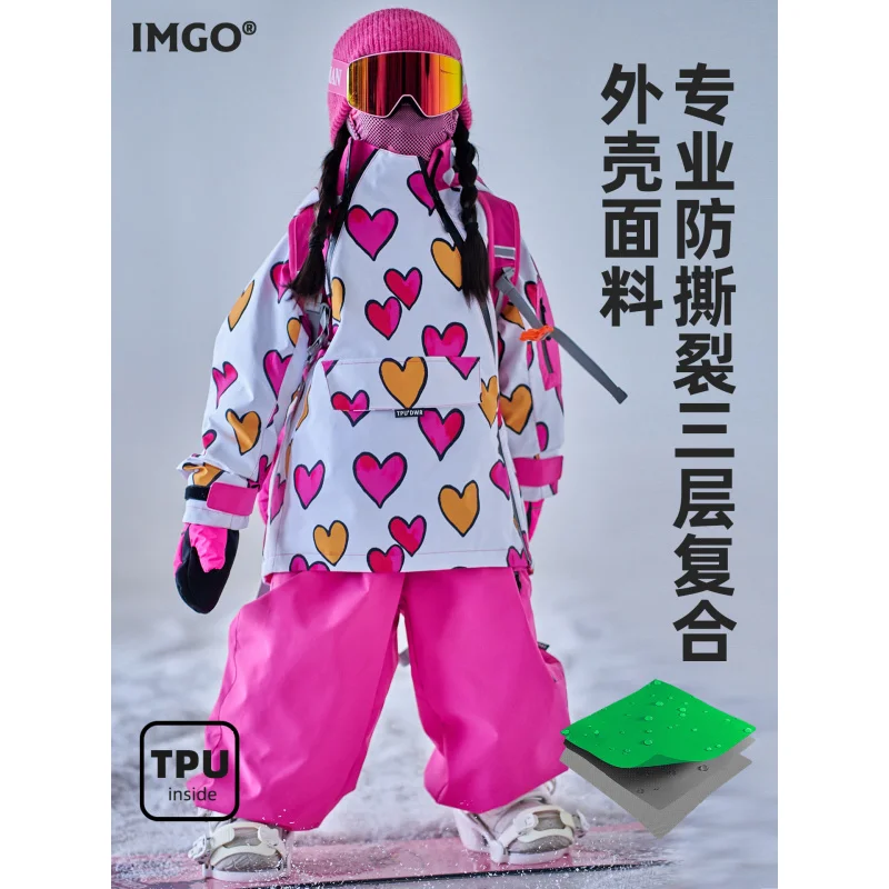 IMGO Winter Ski Suit for Girls Outdoor Snow Jacket Pant Waterproof Windproof Thermal Clothing Snowboarding Skiing for Children