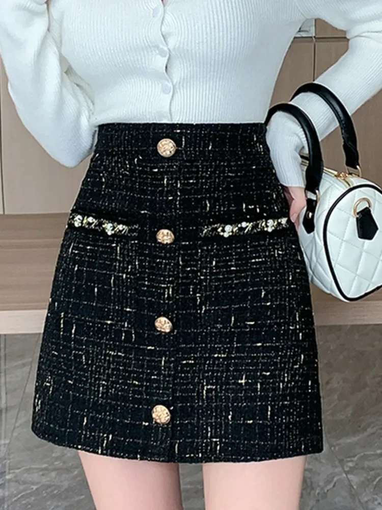 New Fashion Women Autumn Winter Versatile Slim High Waist Tweed Short Skirt Small Fragrant Style Single Breasted A-Line Beaded S