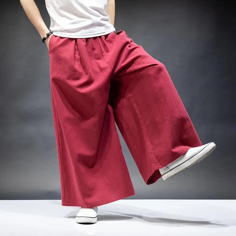 

Loose Men's Harem Pants Wide Leg Cotton Linen Casual Trousers Straight Cut Big Size Men's Faion High Waist Trousers