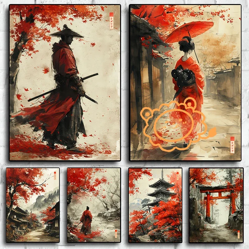 

Sumie Japanese Ink Paint Poster River Torii Gate Sitting Geisha Canvas printing wall decoration painting For Home Living Room