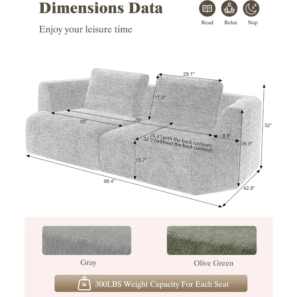 أريكة أريكة سحابة مقسمة بدون عظم مقاس 98.4 بوصة، أريكة مضغوطة كبيرة الحجم مكونة من 3 مقاعد مع قماش شانيل