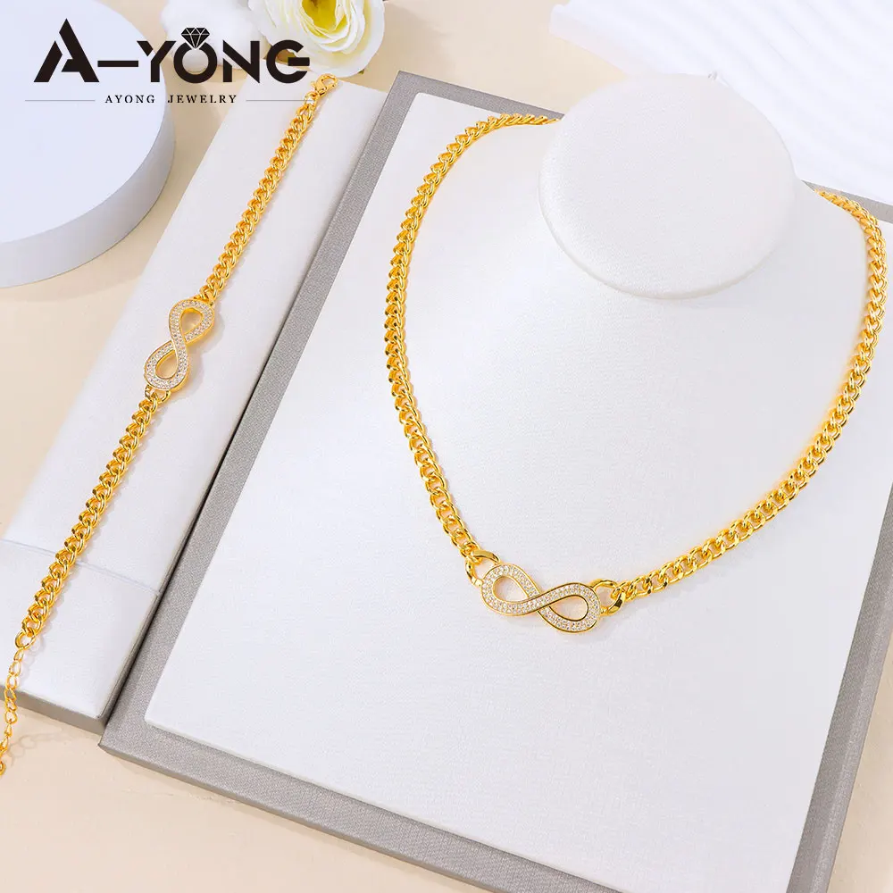 Italienisches Mode-Zirkonia-Schmuckset, 21 Karat vergoldet, Unendlichkeits-Anhänger, Halskette, Armband, arabische Frauen, Event-Party-Schmuck