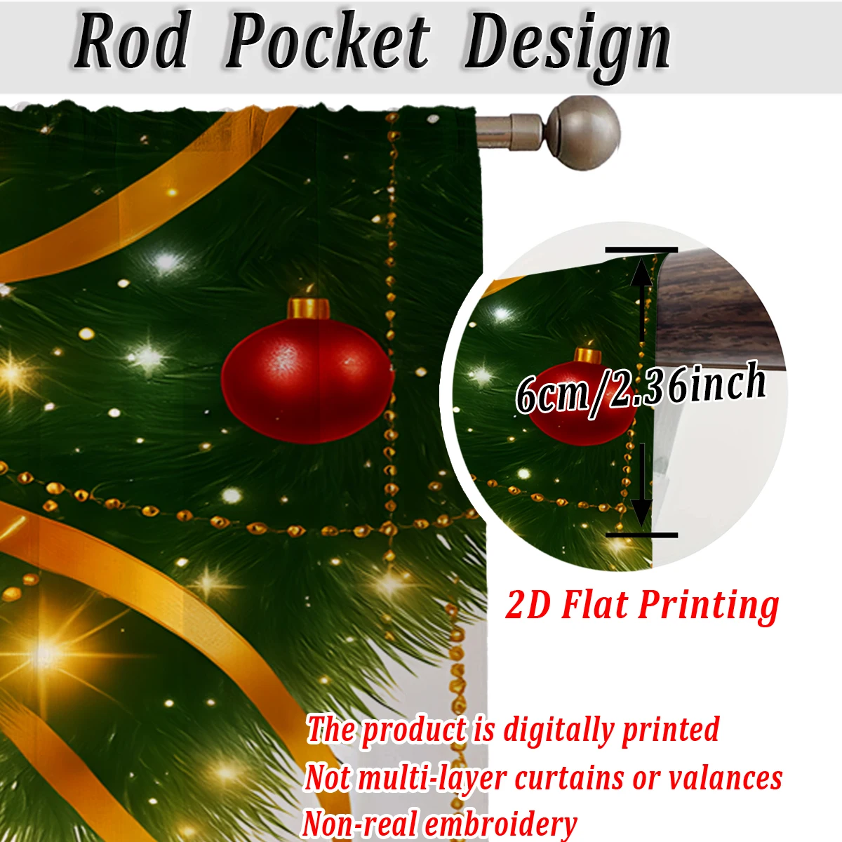 Tenda trasparente da cucina con stampa piatta natalizia con ramo di pino con fiocco a sfera di buon Natale per feste di decorazioni per la casa di Natale