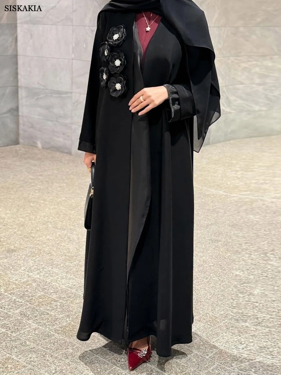 Siskakia musulman élégant Patch conceptions femmes ouvert Abaya dubaï solide perles Cardigan col en v caftans