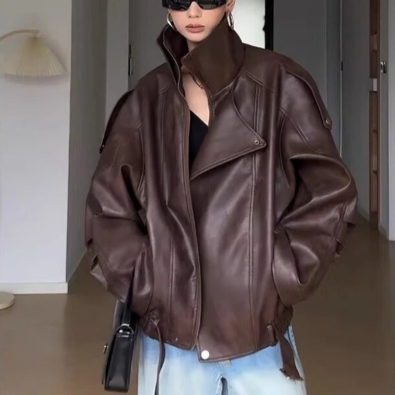 معاطف نسائية من جلد البولي يوريثان الصناعي سترات بحزام وسحاب متين وياقة مقلوبة وأكمام طويلة ملابس خروج غير رسمية فضفاضة لربيع وخريف 2025 #1