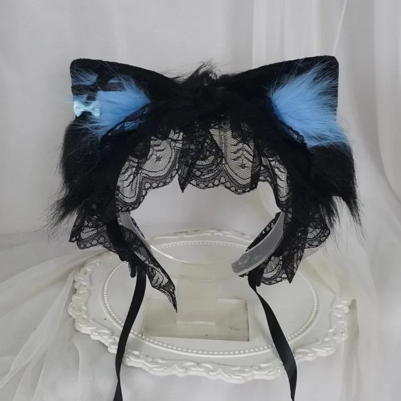 2025 22 New Handmade Cosplay Black Lolita Lace Headband Sweet Cat Girl Furry Ear Headpiece Subculture KC Maid Hair Acces