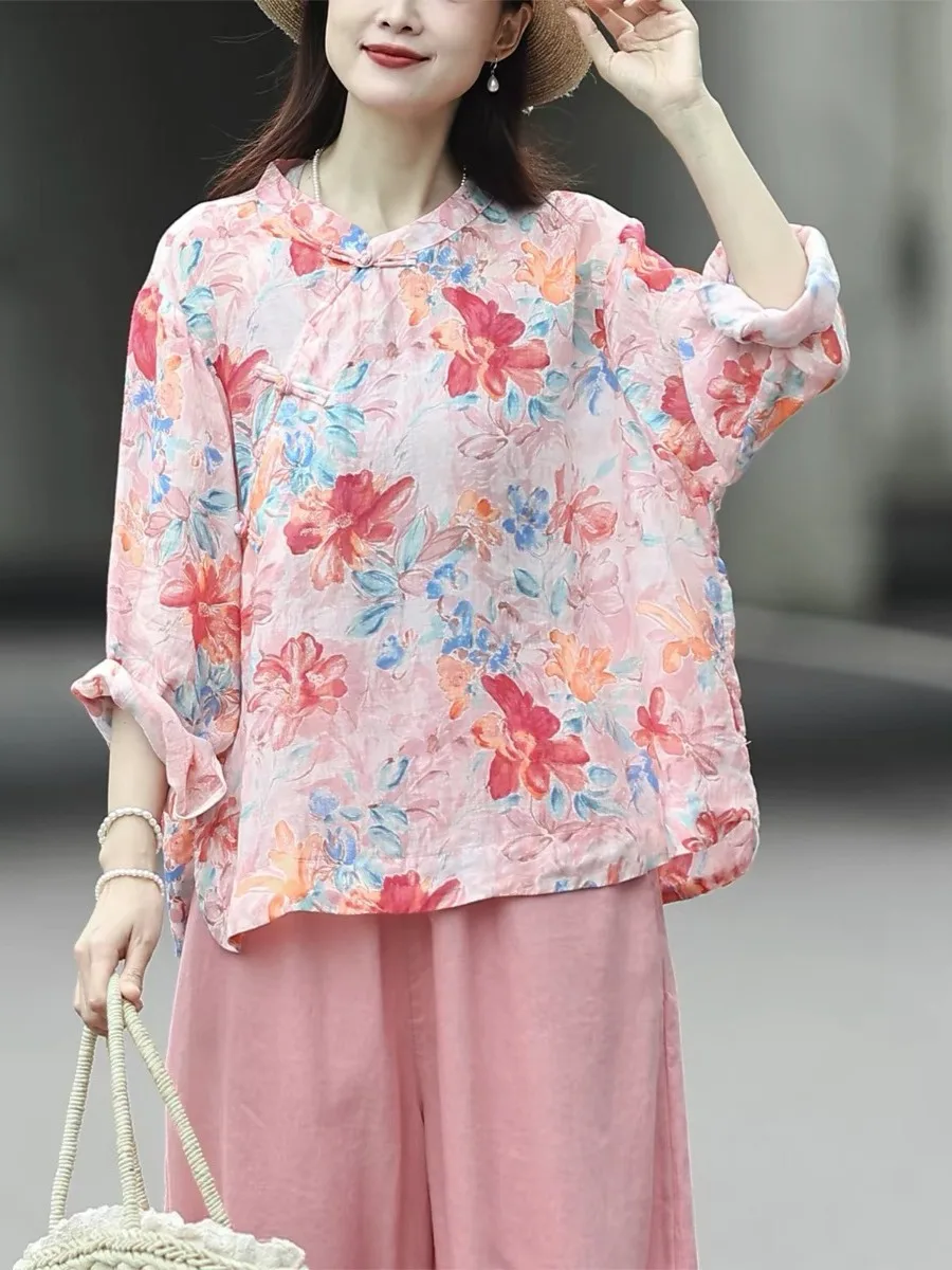 Authentic Non-Sakura Pink Improved Wind Button Printed Shirt Women Loose Retro Top Chinese Style Long Sleeve Polyester Fiber