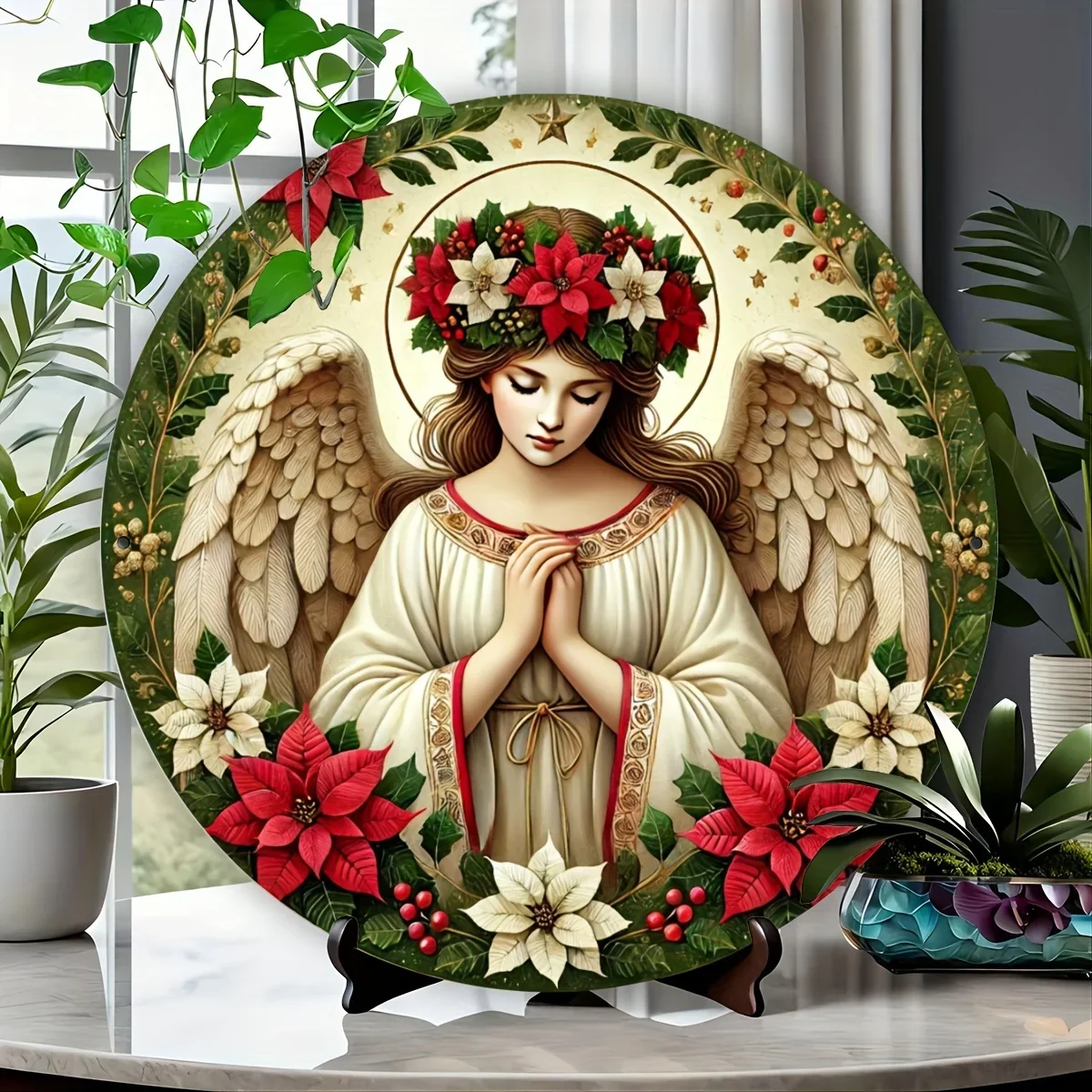 Arte de pared redondo de aluminio: ángel rezando con diseño de corona floral y conejito, decoración navideña vibrante
