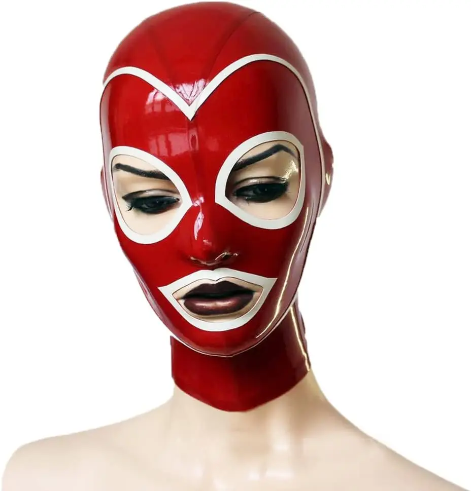 Latex Mask Rubber Hood with Trimmed Face for Latex Fetish Party Catsuit Halloween Clubwear Red