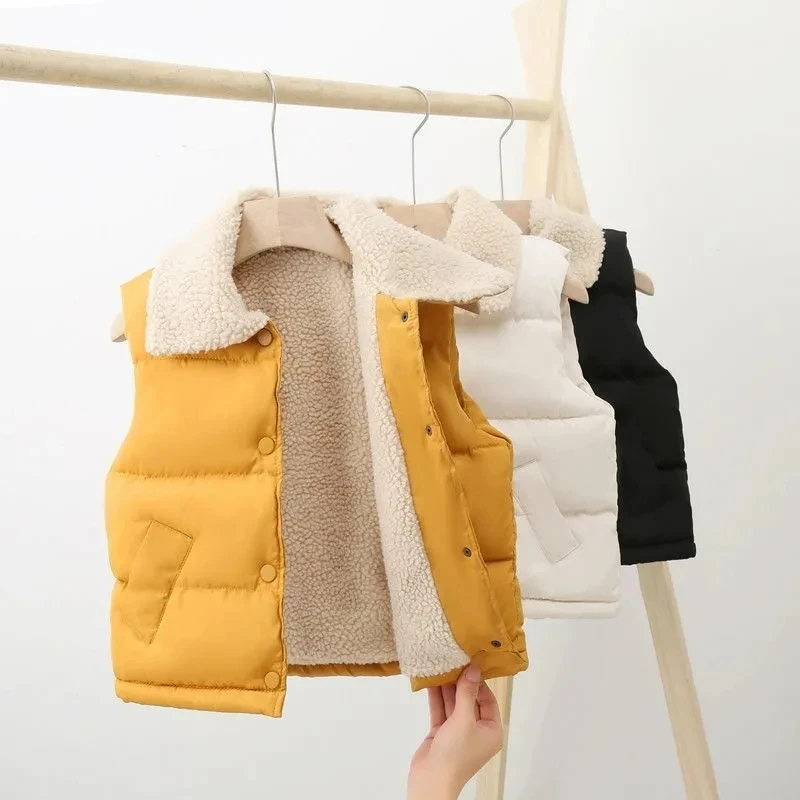 Boys Girls Universal Casual Lapel Vest Solid Color Children's Warm Vest  Autumn Winter Fleece-lined Thicken Baby Out Wear Vest