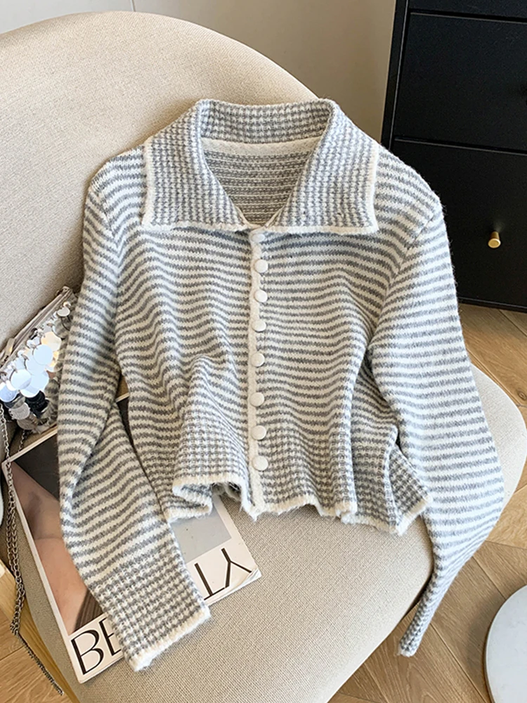 

Loose Striped Women's Knitted Cardigan Autumn Winter Commuting Long sleeve Soft Sweaters Simple Korean Solid Color Coats
