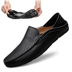 Men's Shoes Casual Luxury Summer Casual Leather Shoes Soft Low Platform Outdoor Light Breathable Anti-slip Black Driving Shoes