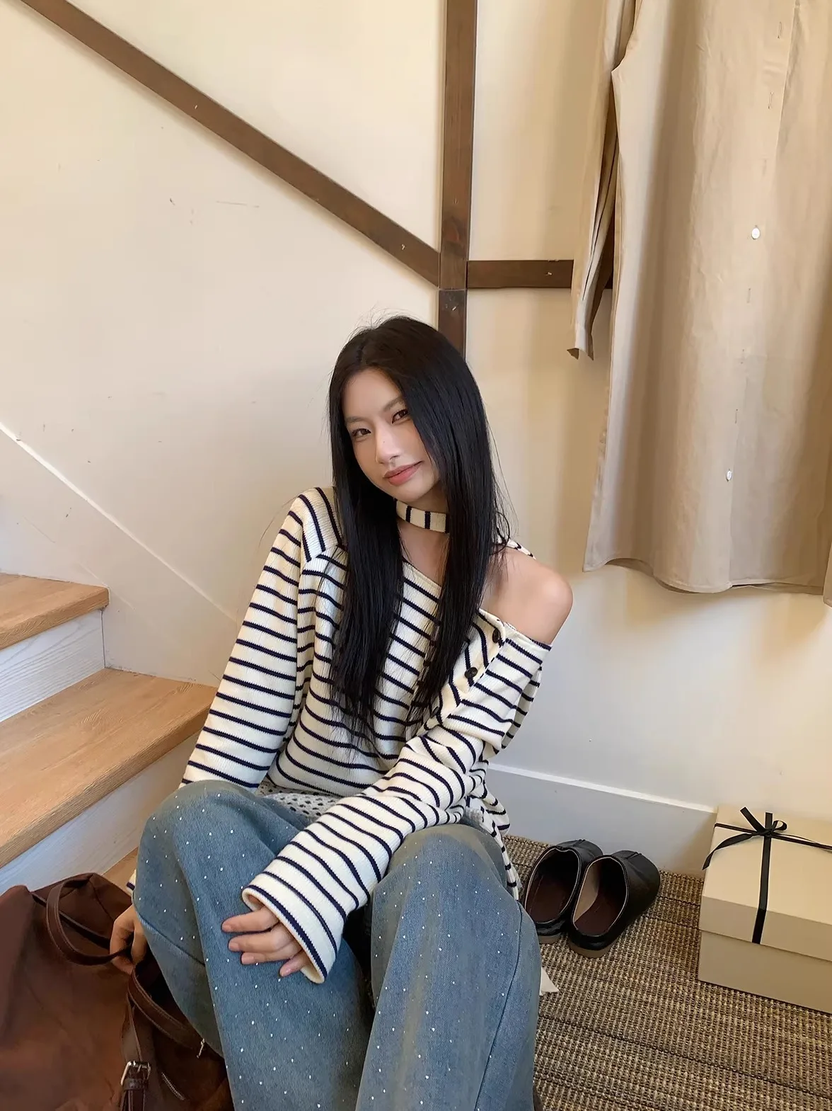 

Joeyoo Spring New Asymmetric Knitted Stripe Women's Long Sve T-irt Casual Sle Inner Wear oulder Bared Top Cotton Blend