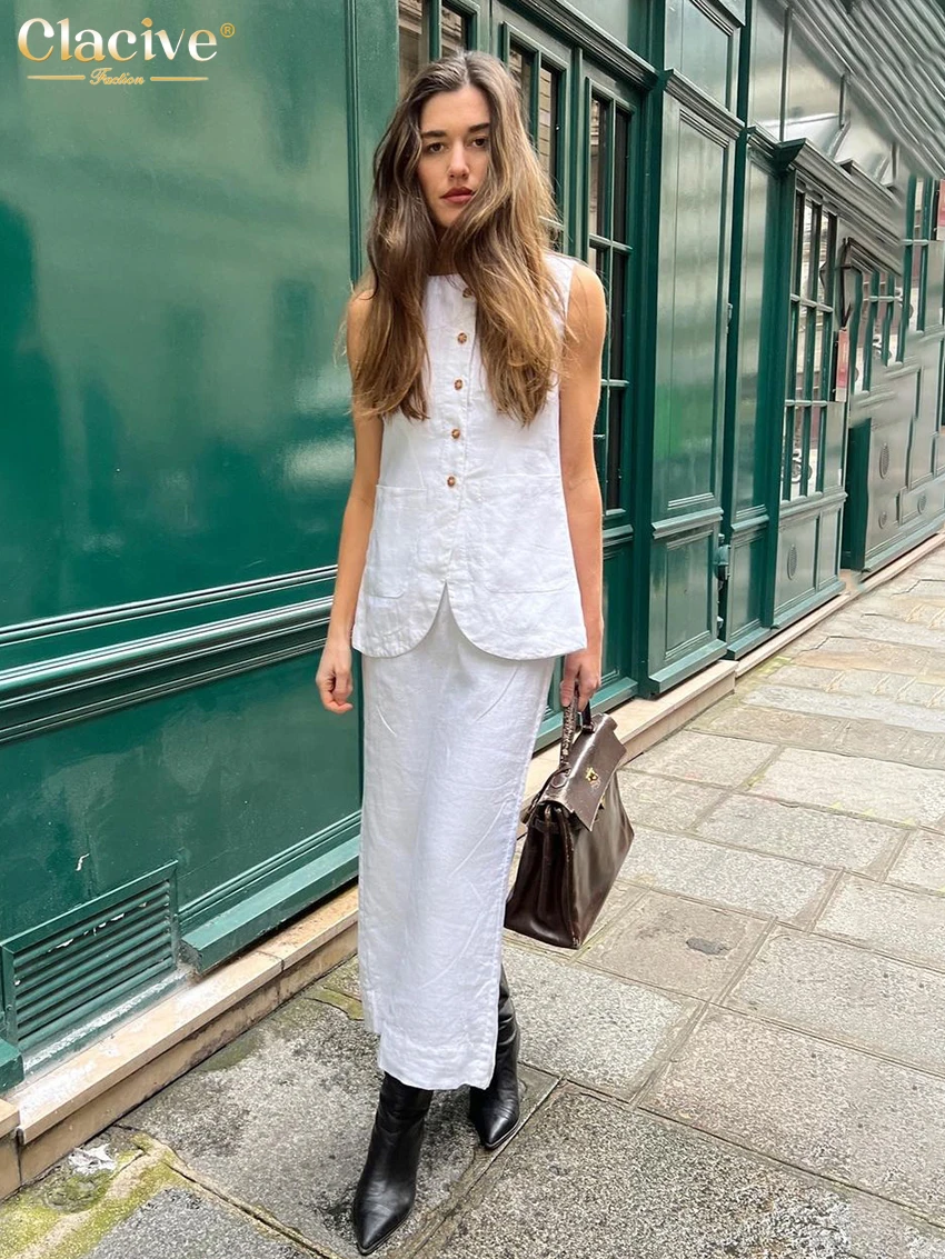 Clacive Summer Slim White Cotton Two Piece Set Women Outfit 2024 Elegant Sleeveless Tops With High Waist Long Skirts Sets Female