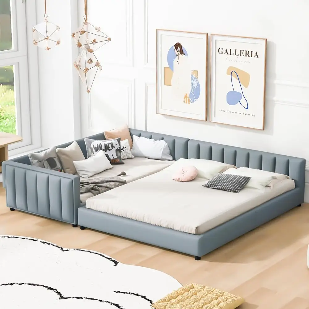 

Queen & Twin XL Upholstered Platform Bed for Kids, Adults, Toddlers - Gray PU Leather, Suitable for Boys, Girls, and Mother-Chil