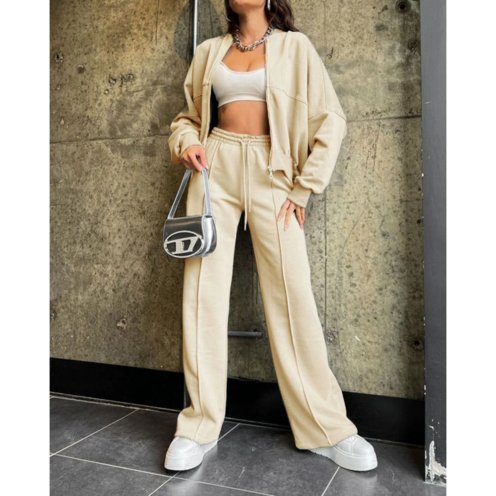 Women Sporty Two Pieces Tracksuit Outfits Zipper Fly Coat and Tied Detail Wide Leg Pants Ensembles 2 Piece Set Pants Suits