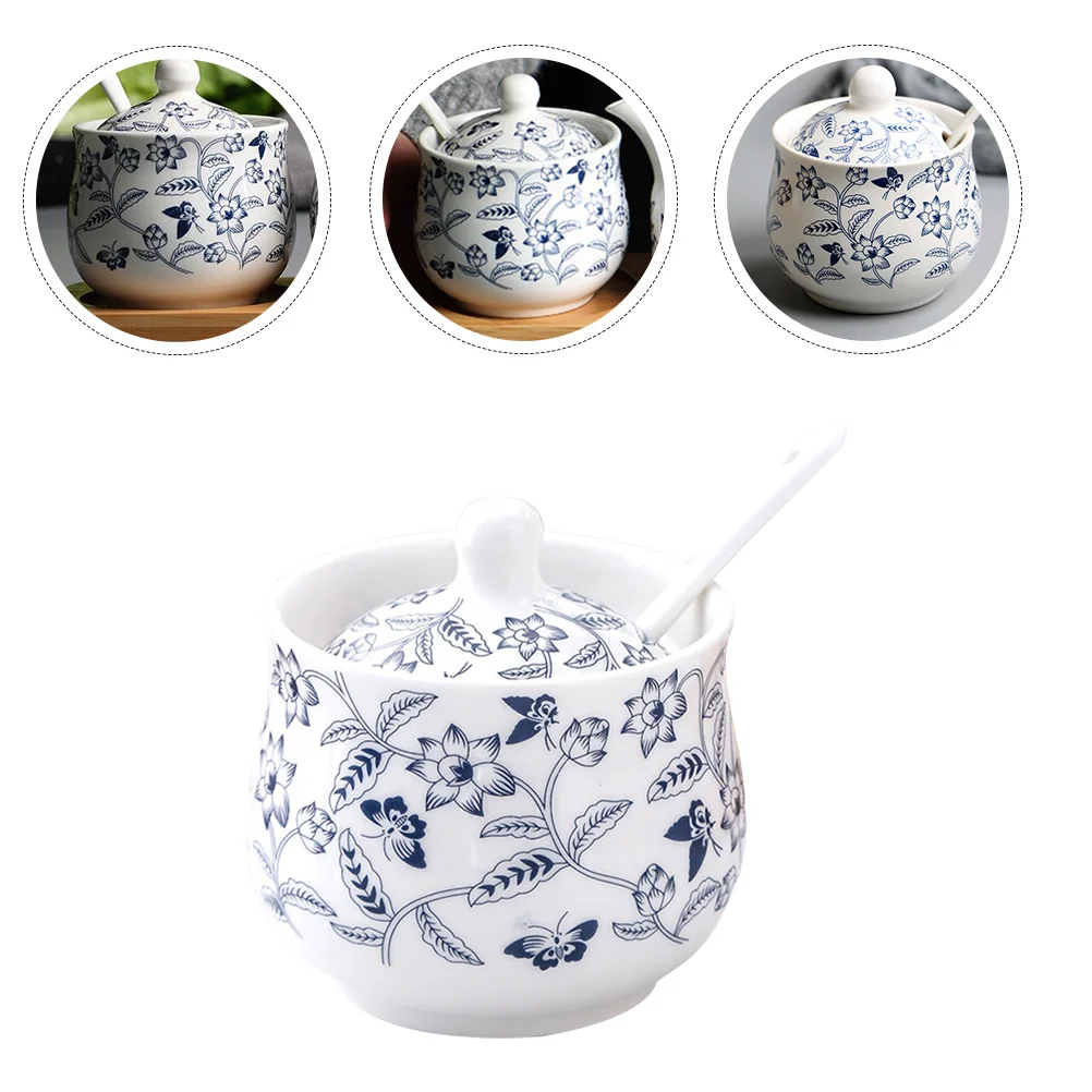 

1Set Blue and White Ceramic Salt Jar Wear-Resistant Kitchen Sugar Container Large Capacity Seasoning Storage Jar