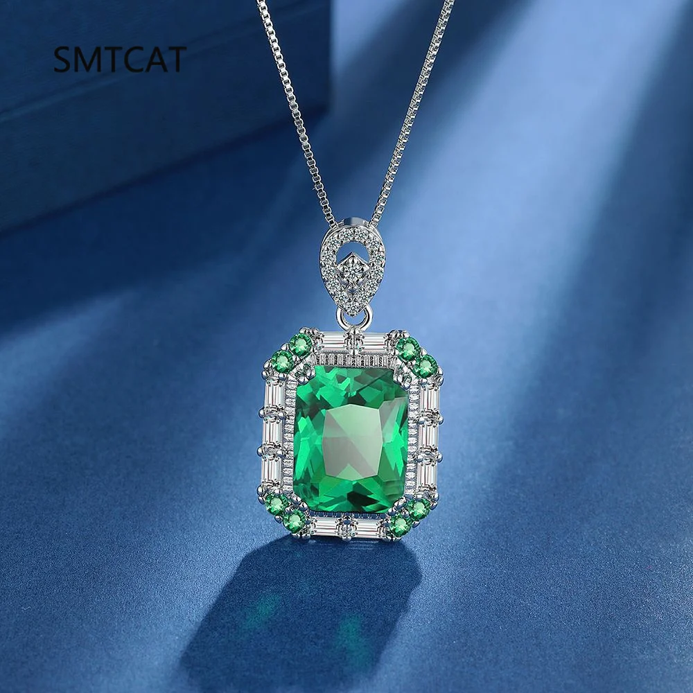 

Emerald Cut Green Simulated Nano Emerald 925 Sterling Silver Geometric Square Pendant Necklace for Women Gemstone Jewelry Choker