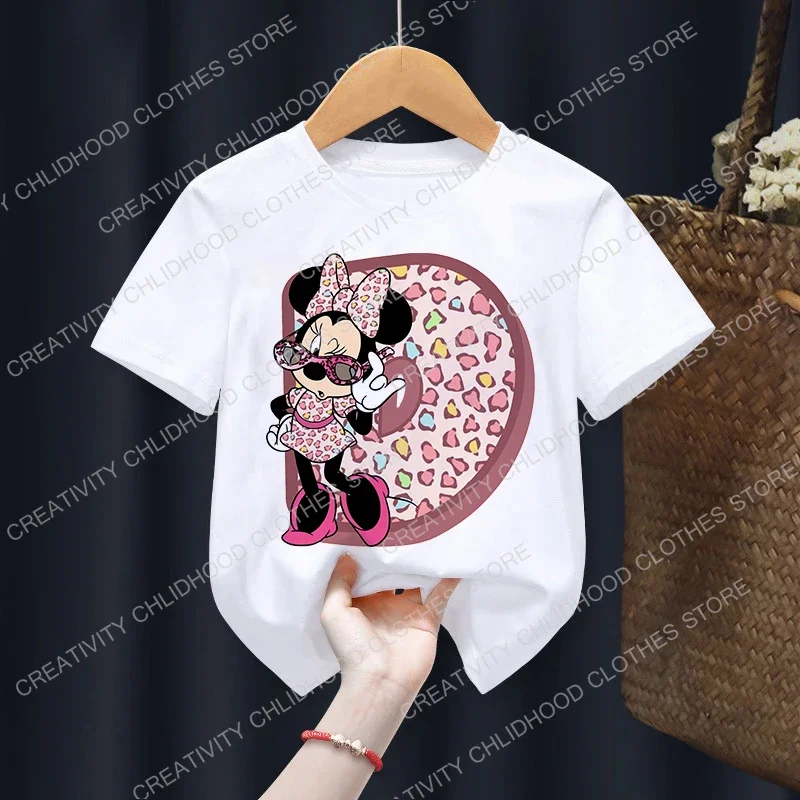 Minnie Children\'s T-Shirt Letter ABCDE Combination Summer Disney Clothes Kawaii Anime Cartoons Kids Boy Girl T Shirts Casual Top