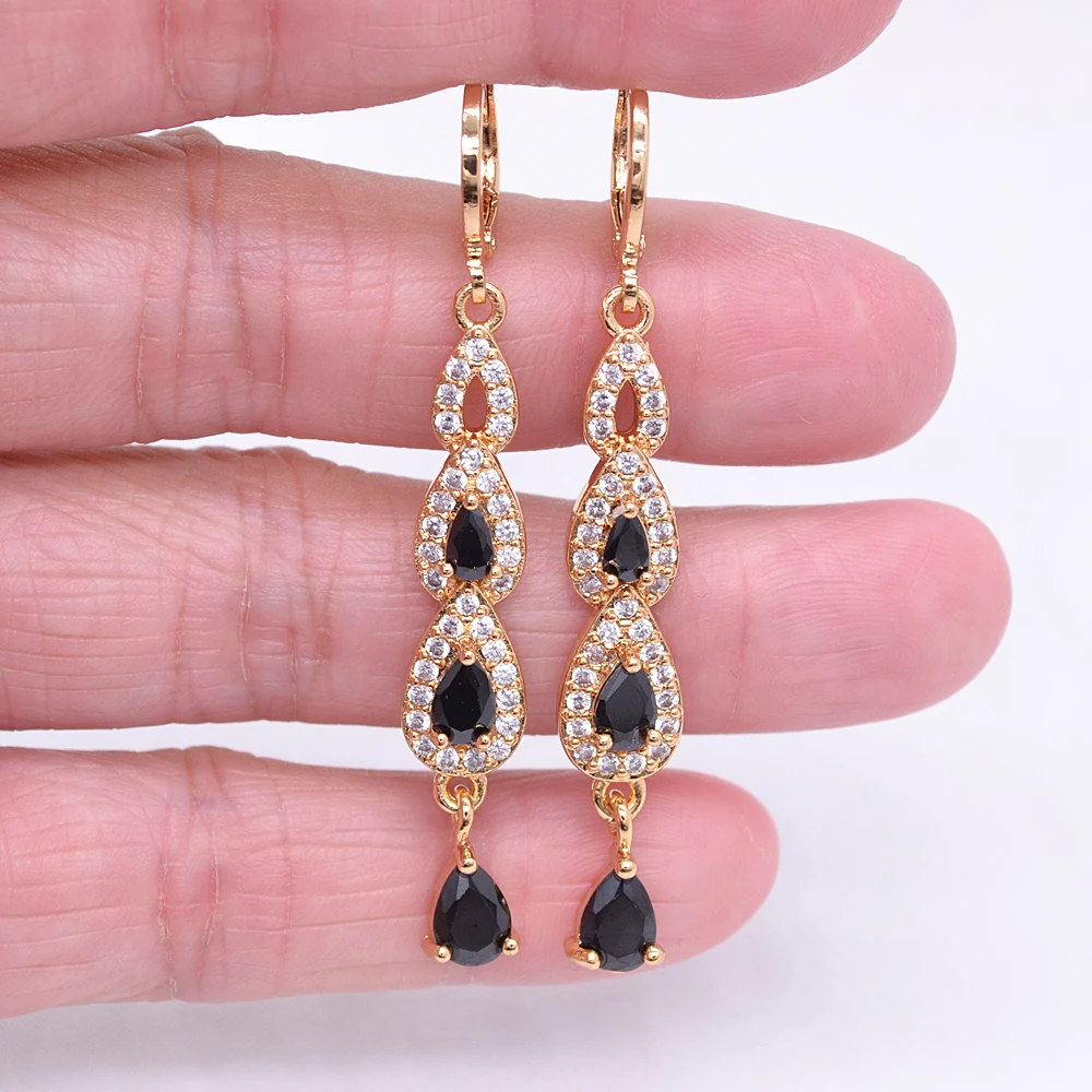 Fashion Gold Color Women Green Cubic Zirconia CZ Long Water Drop Dangle Earrings Jewelry