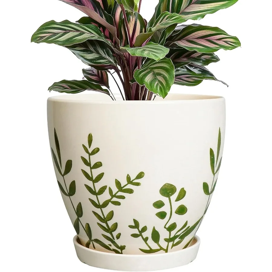 

6.8 Inch Plant Pot Ceramic Planter for Indoor Plants Flower Pot with Drainage Hole and Saucer Drative Boho Round Outdoor Plante