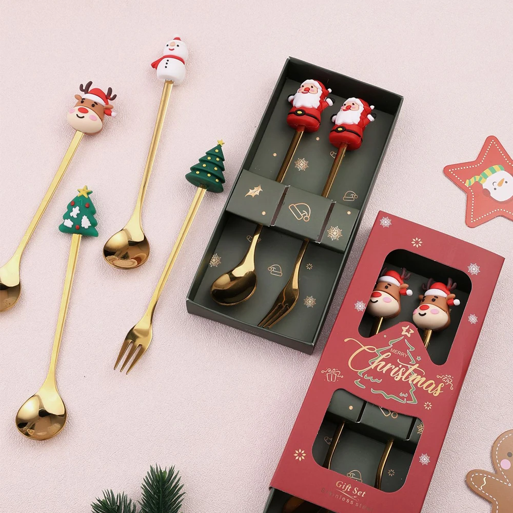 Christmas Spoon Fork Set Christmas Gift  Two-piece Dessert Cutlery Cartoon Santa Elk Xmas Tree Snowman Top Decoration Spoon 2024