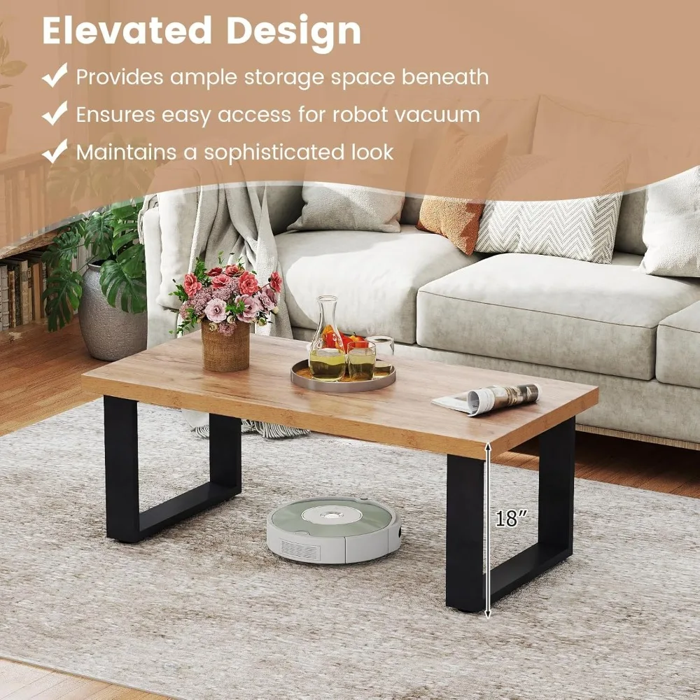 Rustic Coffee Table with Storage, 47” Wood Rectangular Center Table with Heavy-Duty Legs, Farmhouse, Industrial, Modern