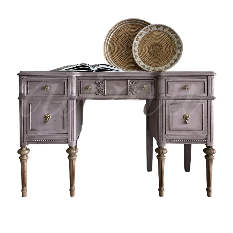 French retro carved desk bedroom solid wood dresser small apartment Monet purple storage table