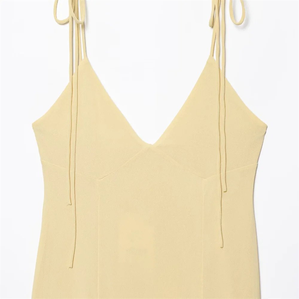 BM&MD&ZA2025 Vestido decorativo em camadas com decote em V doce e suave sem costas verão recém-chegado vestido longo feminino