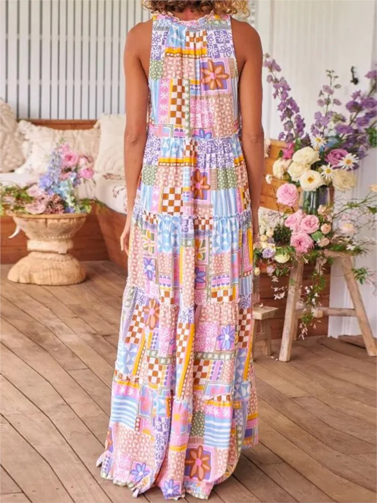 Fashion Flower Print Long Dresses For Women Casual Beach Holiday Bohemia Style Sleeveless Dress  Elegant Lady Loose Maxi Vestido