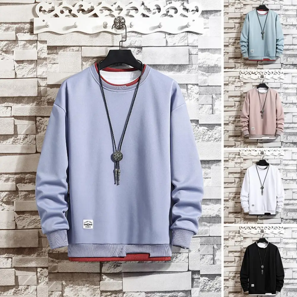 

O-Neck Long Sleeve Shrinkable Cuffs Thick Autumn Sweatshirt Teenager Men Fake Two Pieces Loose Pullover Top for Outdoor