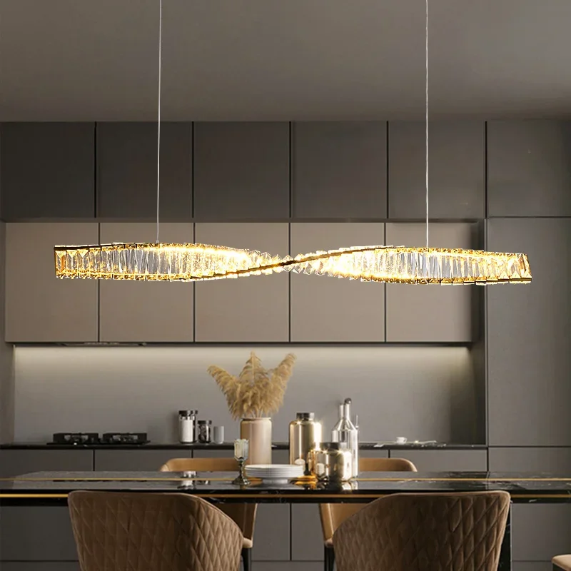 Dining Room Crystal LED Chandelier Modern One Word Spiral Design Pendant Lamps Luxury Kitchen Island Bar Table Suspension Light