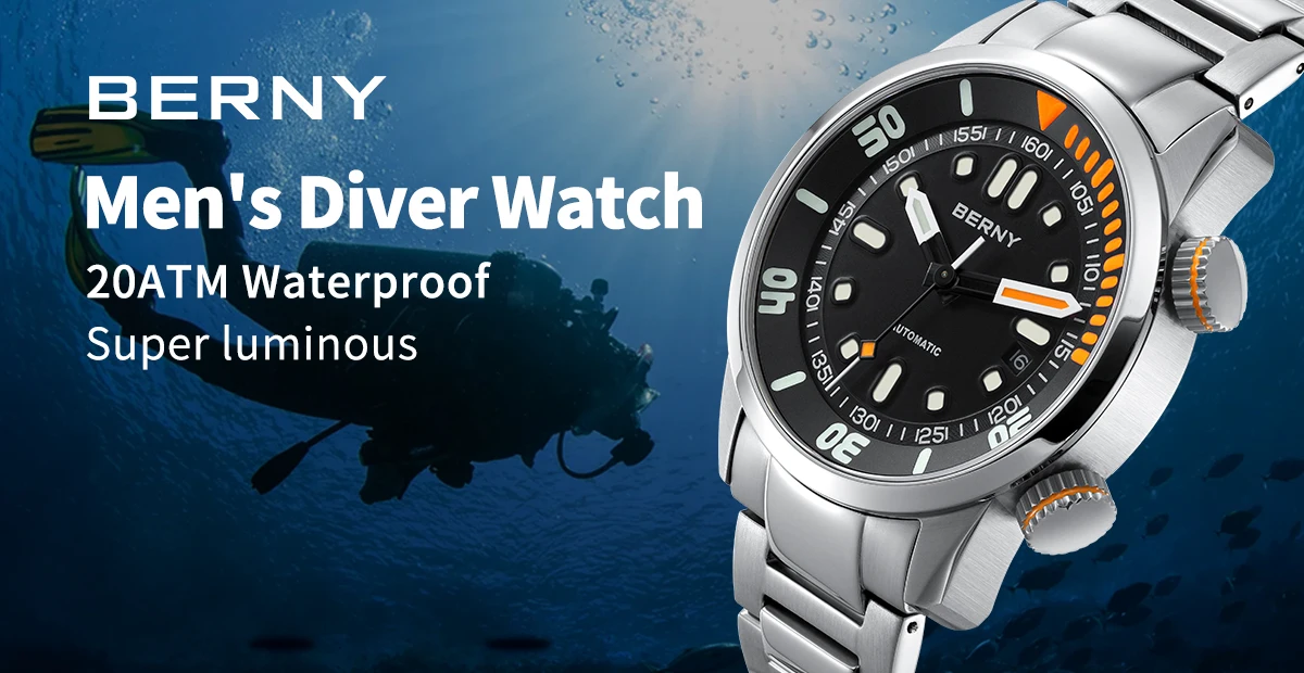 BERNY Automatic Dive Watch for Men Super Luminous 20ATM Diver Wristwatch Original Top Sapphire Swim Sport Mechanical Male Watch