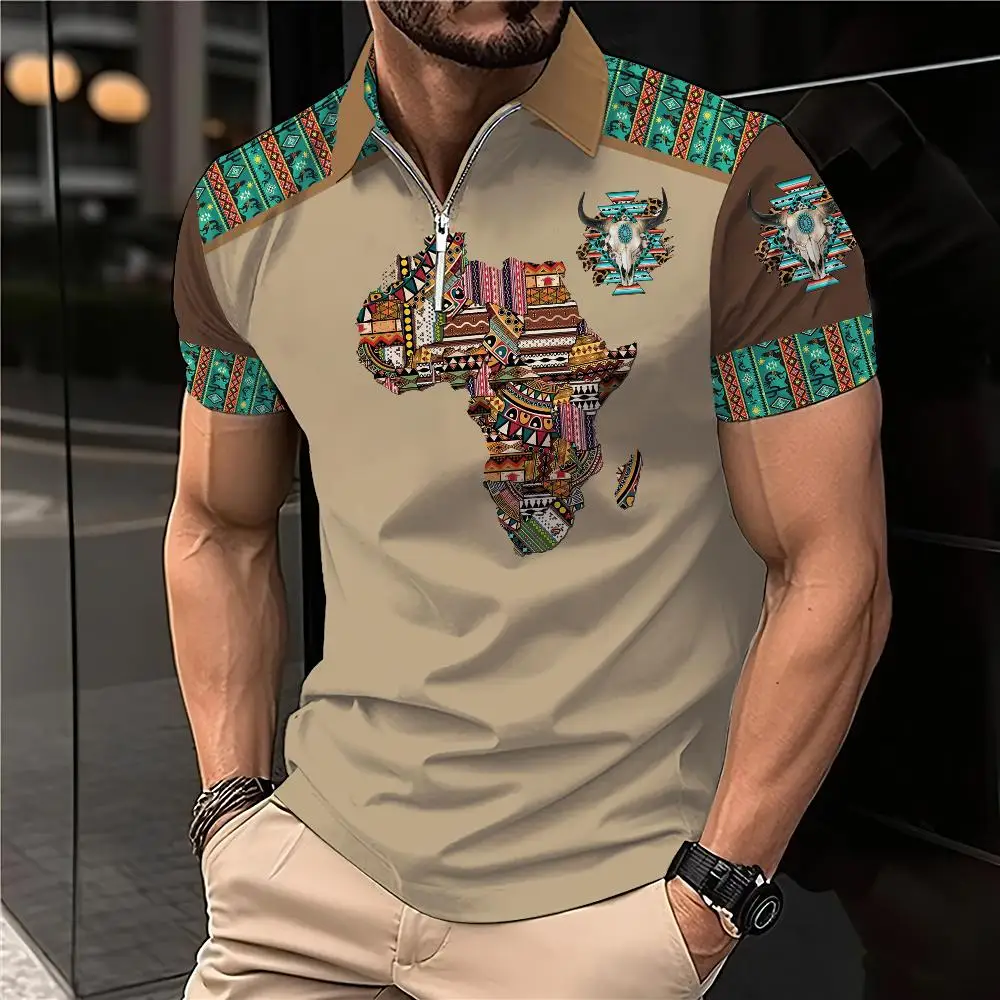 Vintage Polo Shirt For Men 3D Map Print Golf T-Shirt Motorcycle Zip Polo T-Shirt Summer Quick Drying Oversized Men Clothing Top