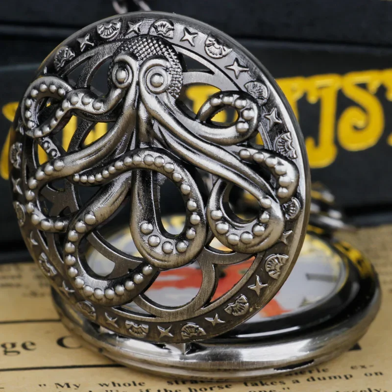 Hot Sale Black Octopus Hollow Carved Quartz Pocket Watch Color Dial Fashion Exquisite Pendant Necklace Chain