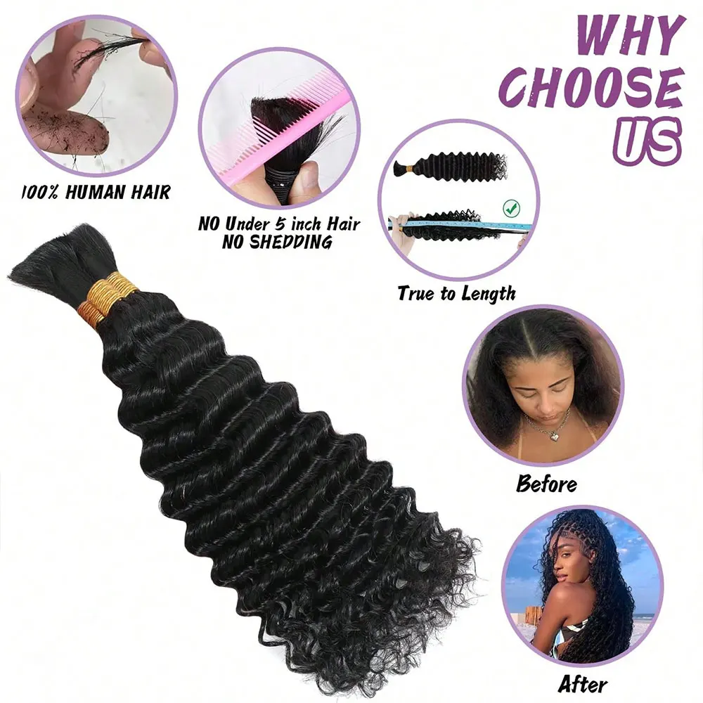 2 Bundles Bulk Human Hair Braiding Hair Boho 14 28 Inch 110G Brazilian Virgin Deep Wave Bulk Human Hair For Braiding Extensions