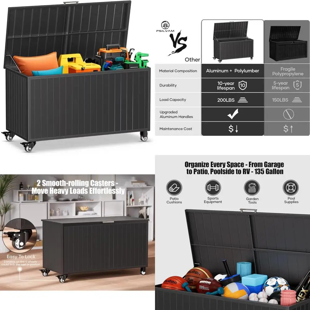 Draagbare 135 gallon aluminium buitenopbergdoos met wielen, waterdichte en UV-beschermde dekdoos voor gebruik op het terras